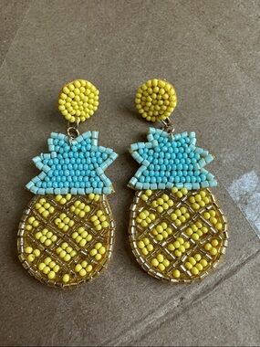 Beaded Pineapple Drop Earrings in Yellow and Turquoise